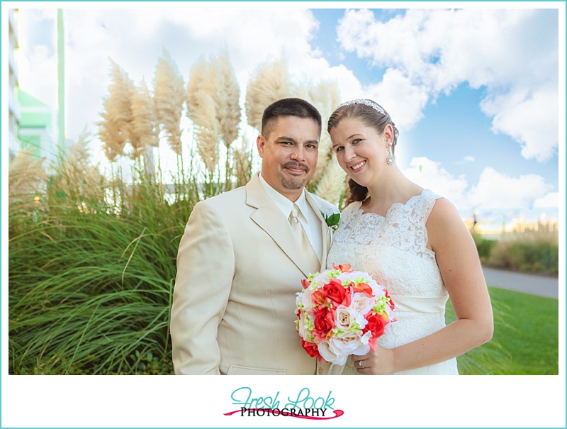 green and coral beach wedding