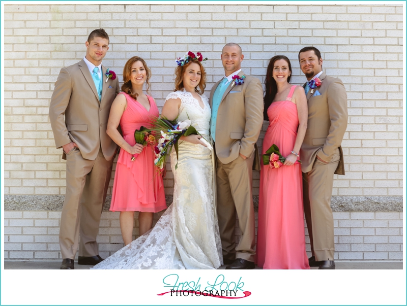 coral and teal wedding party