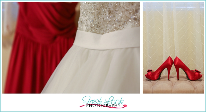 red bridesmaid dress and shoes