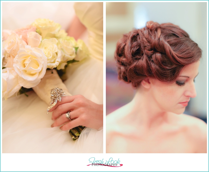 bridal hairstyle and bouquet