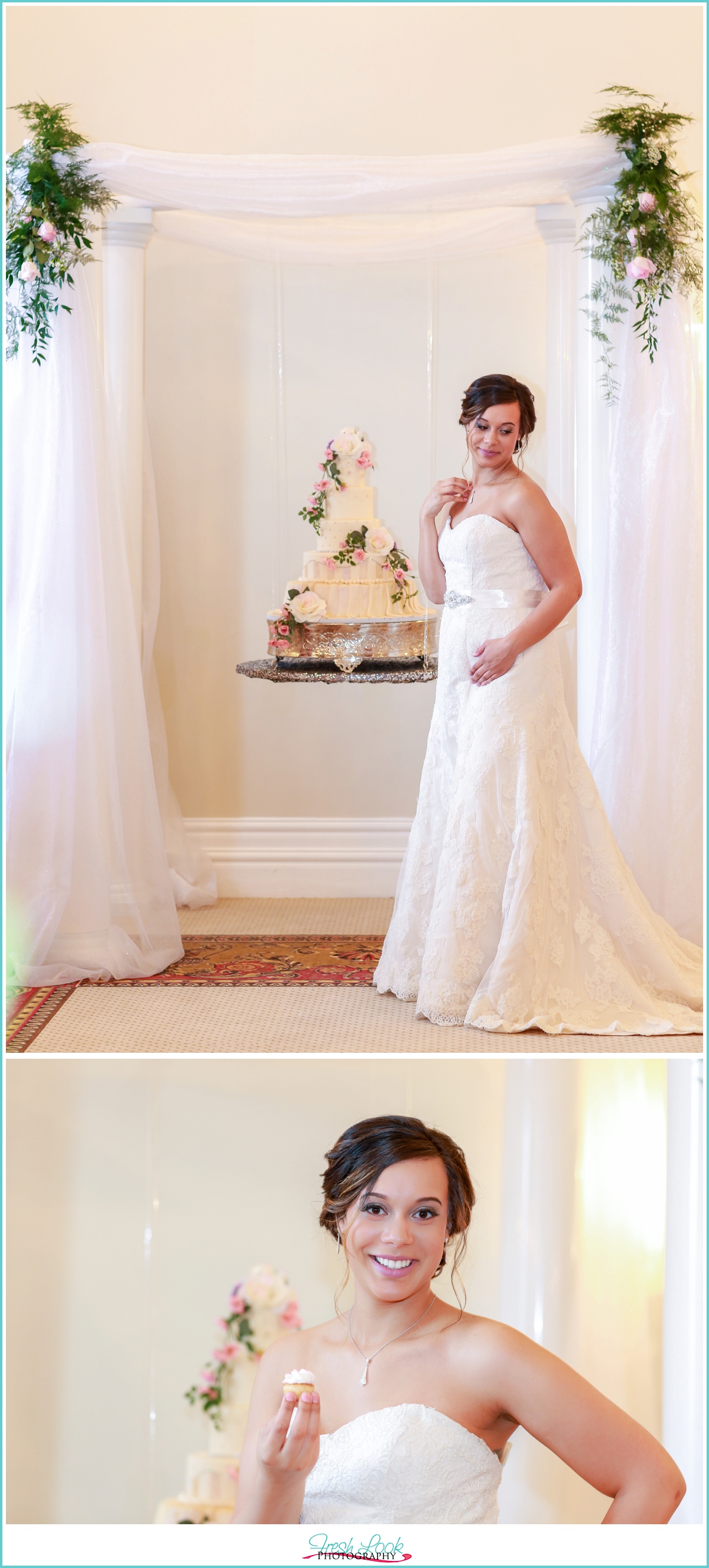 bride and cake stand