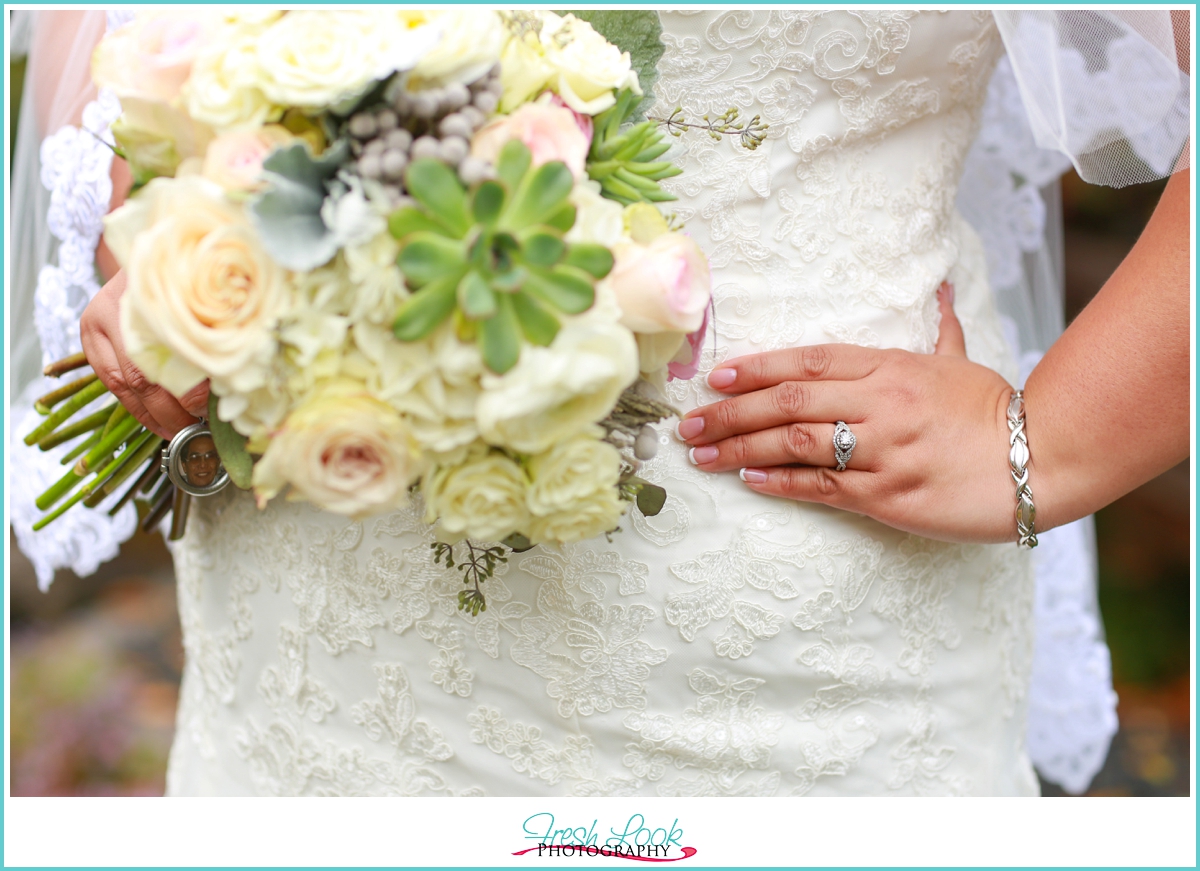 wedding gown and bouquet