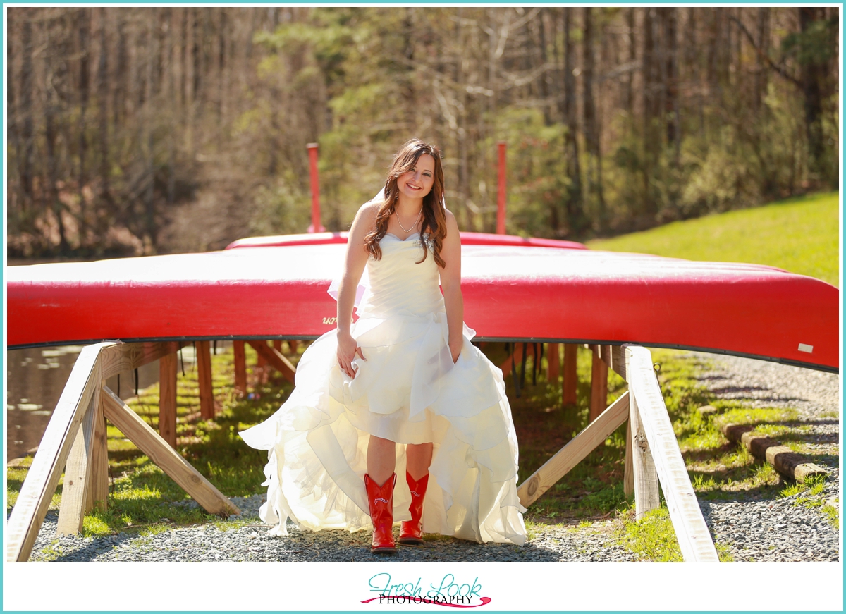 bride showing her red boots