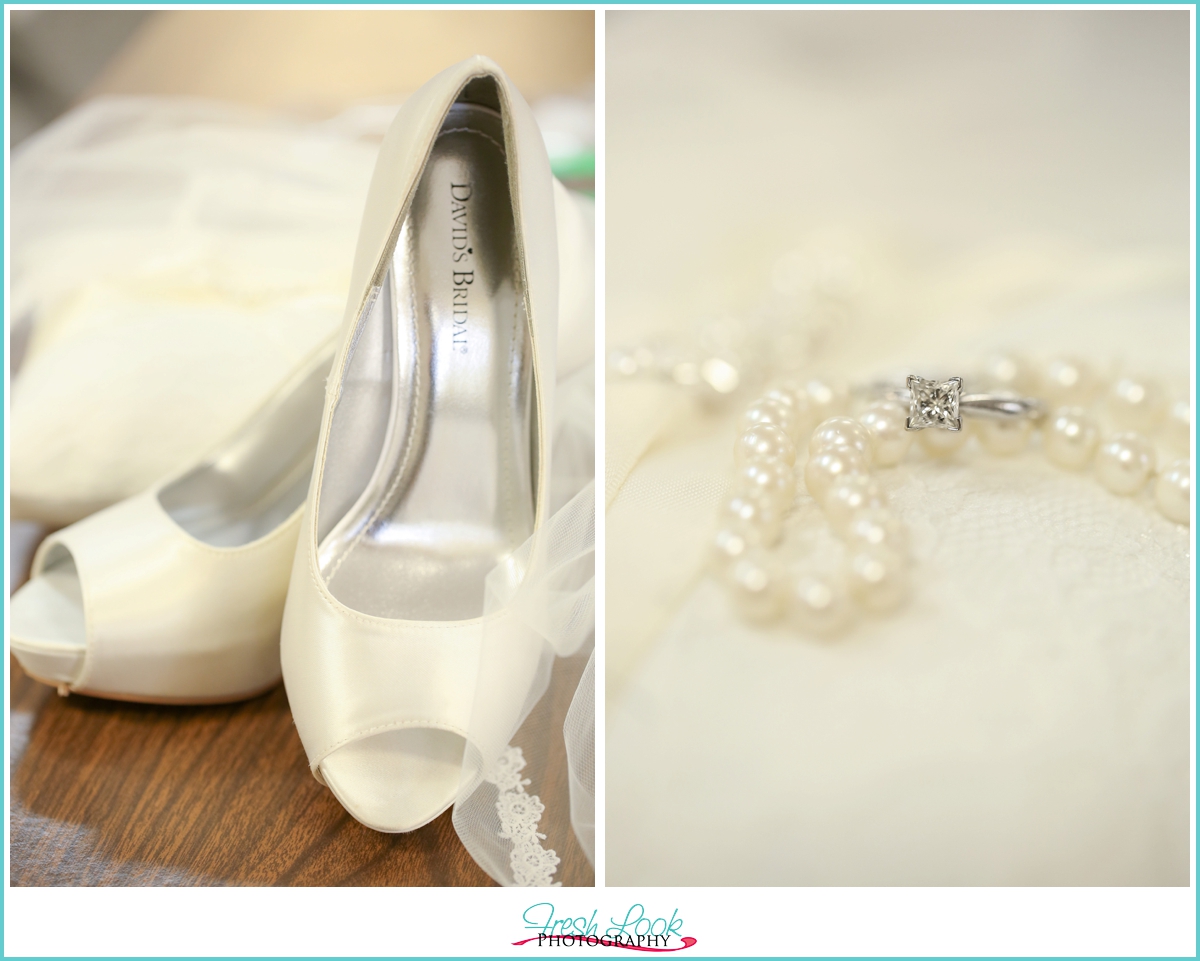 bride shoes and pearls