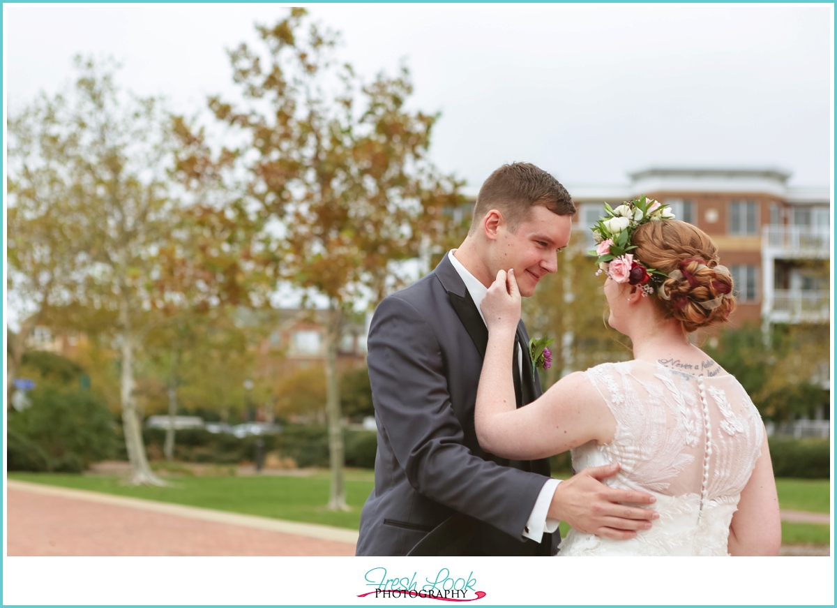 bride and groom snuggling