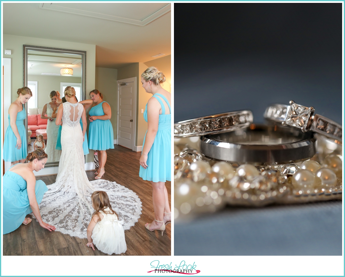 bridesmaids helping bride