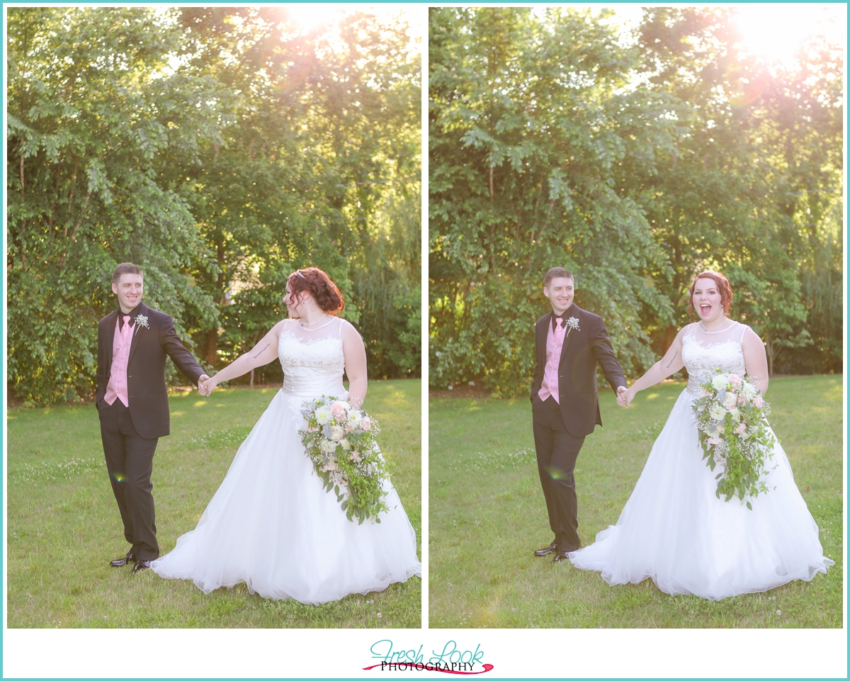 sunset with bride and groom