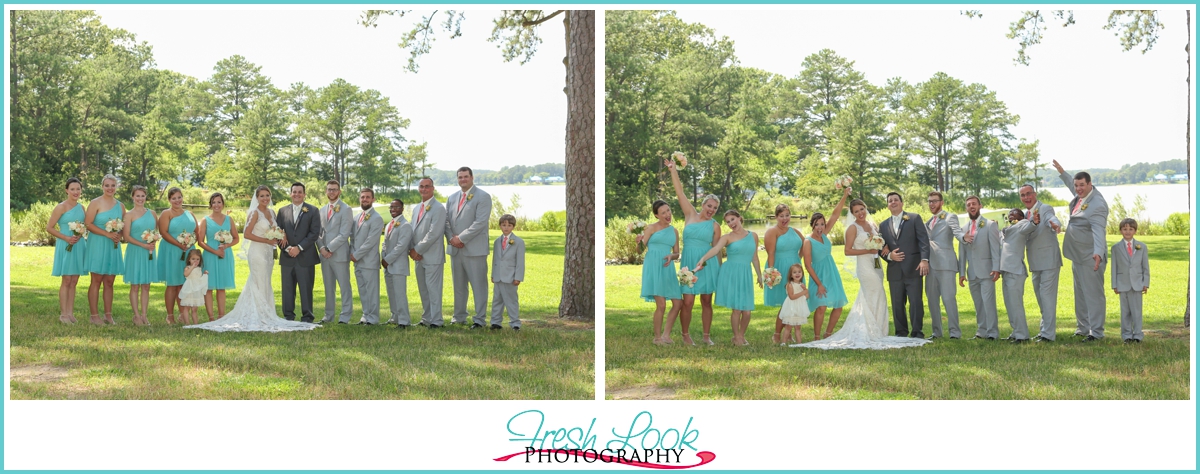 bridal party wearing teal and gray