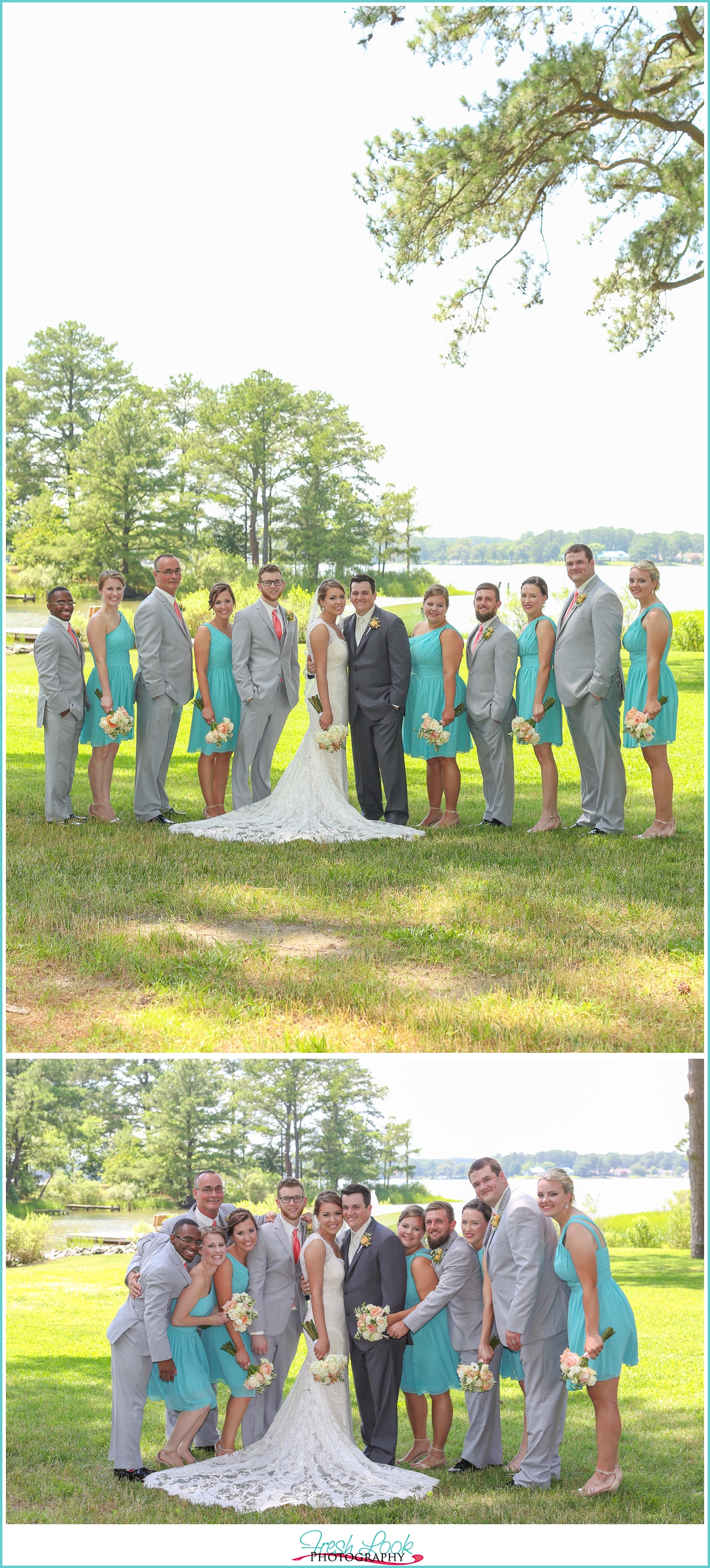 teal and gray bridal party