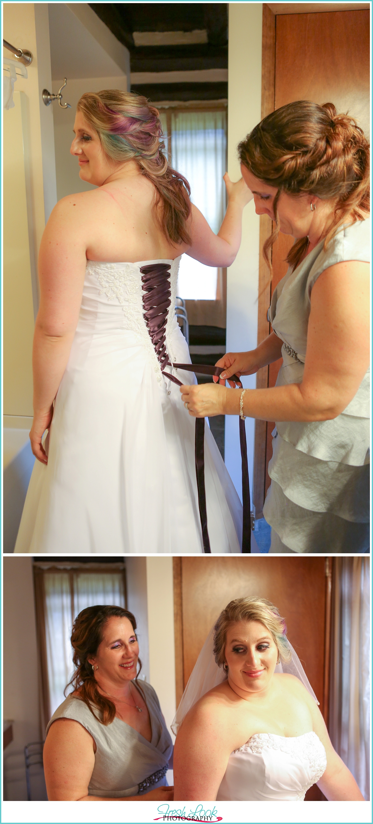 bride putting on dress