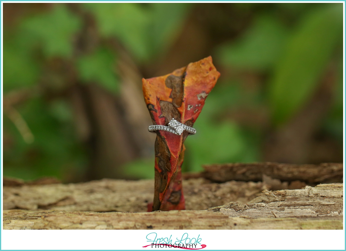 engagement ring in the woods