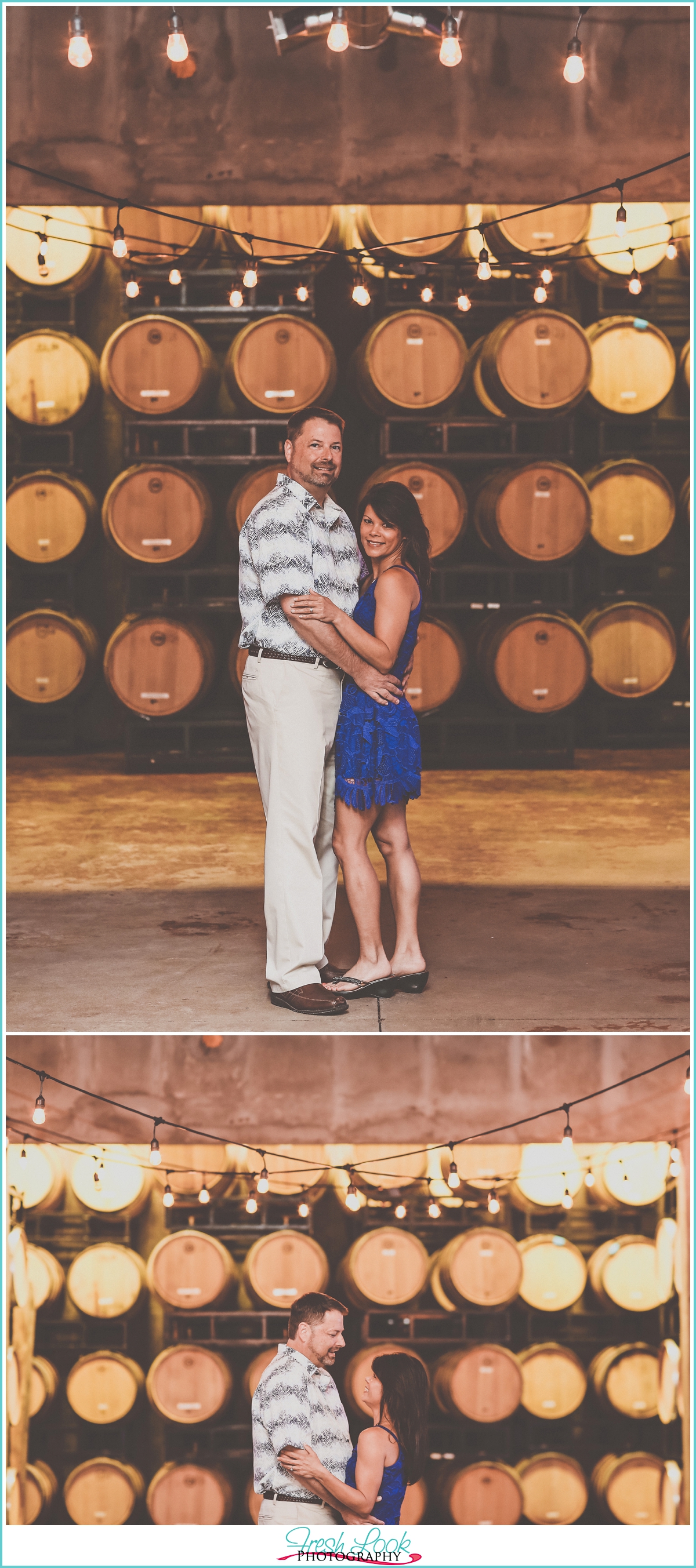 wine barrel room engagement photos