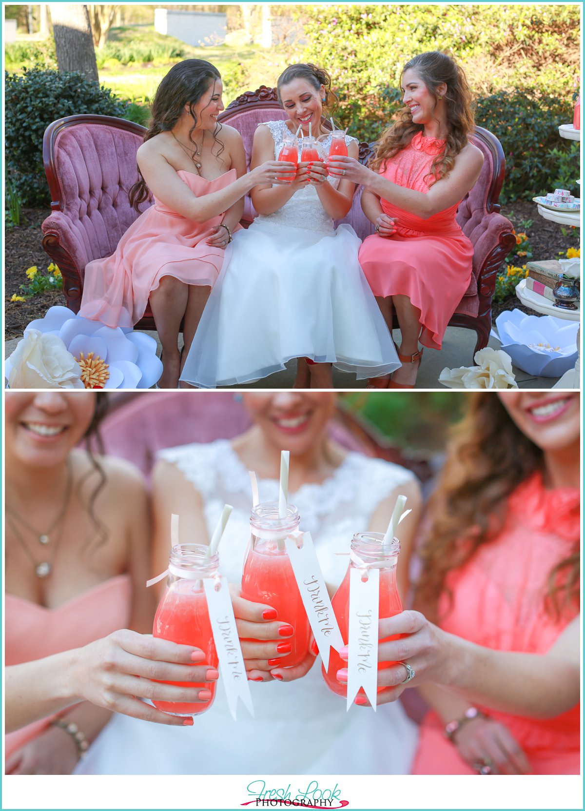 bride and bridesmaids toasting