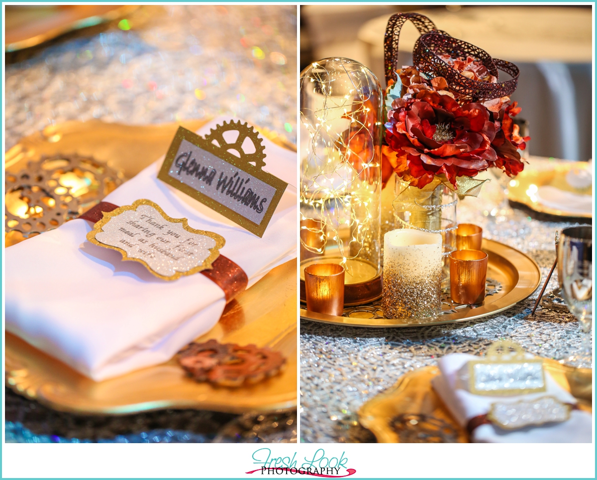 red and gold themed wedding reception