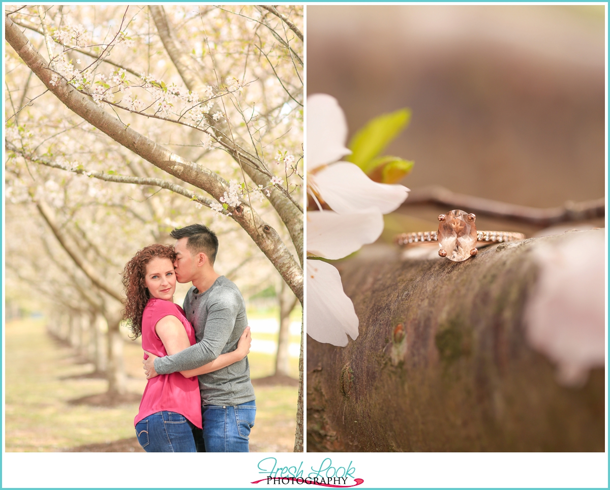 romantic engagement ring and couple