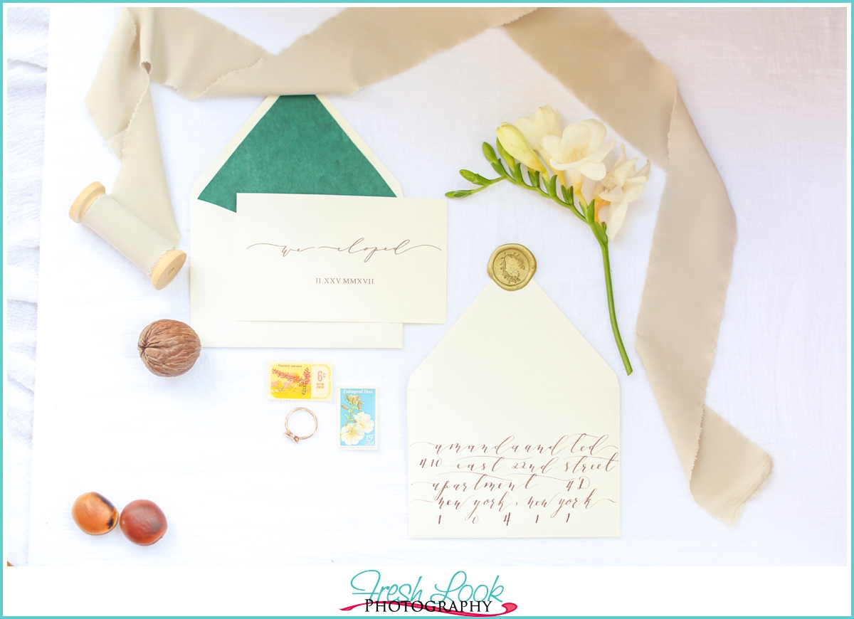 tan and green wedding stationery
