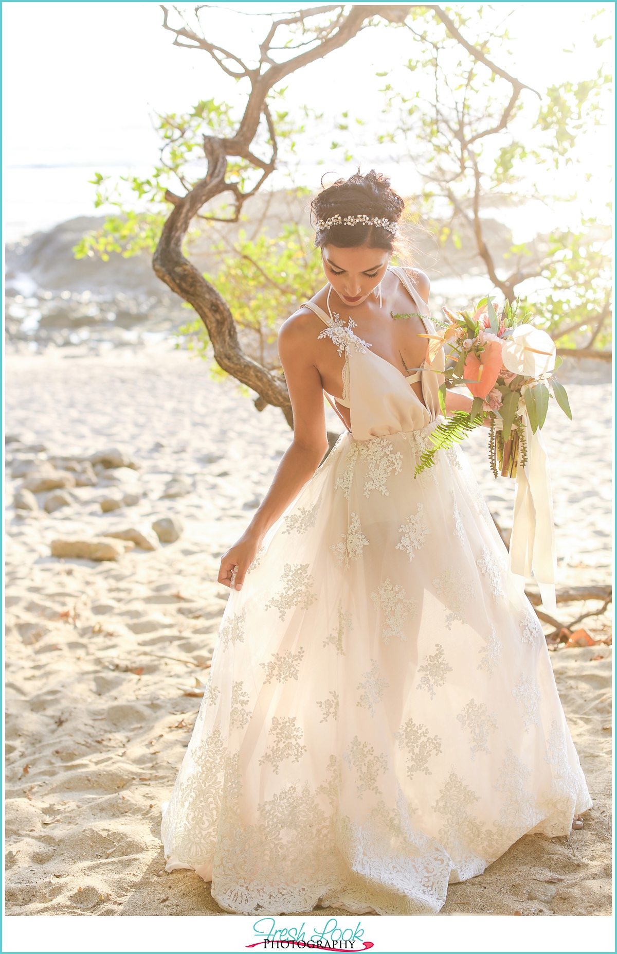 tropical bride at sunset Costa Rica