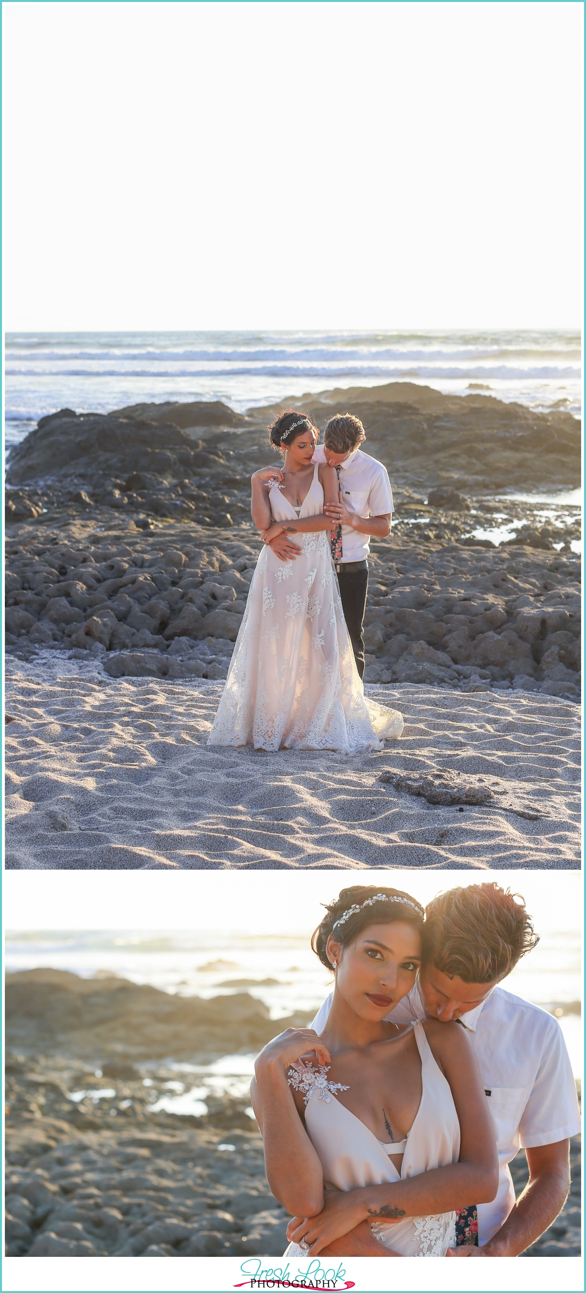 romantic bride and groom on beach