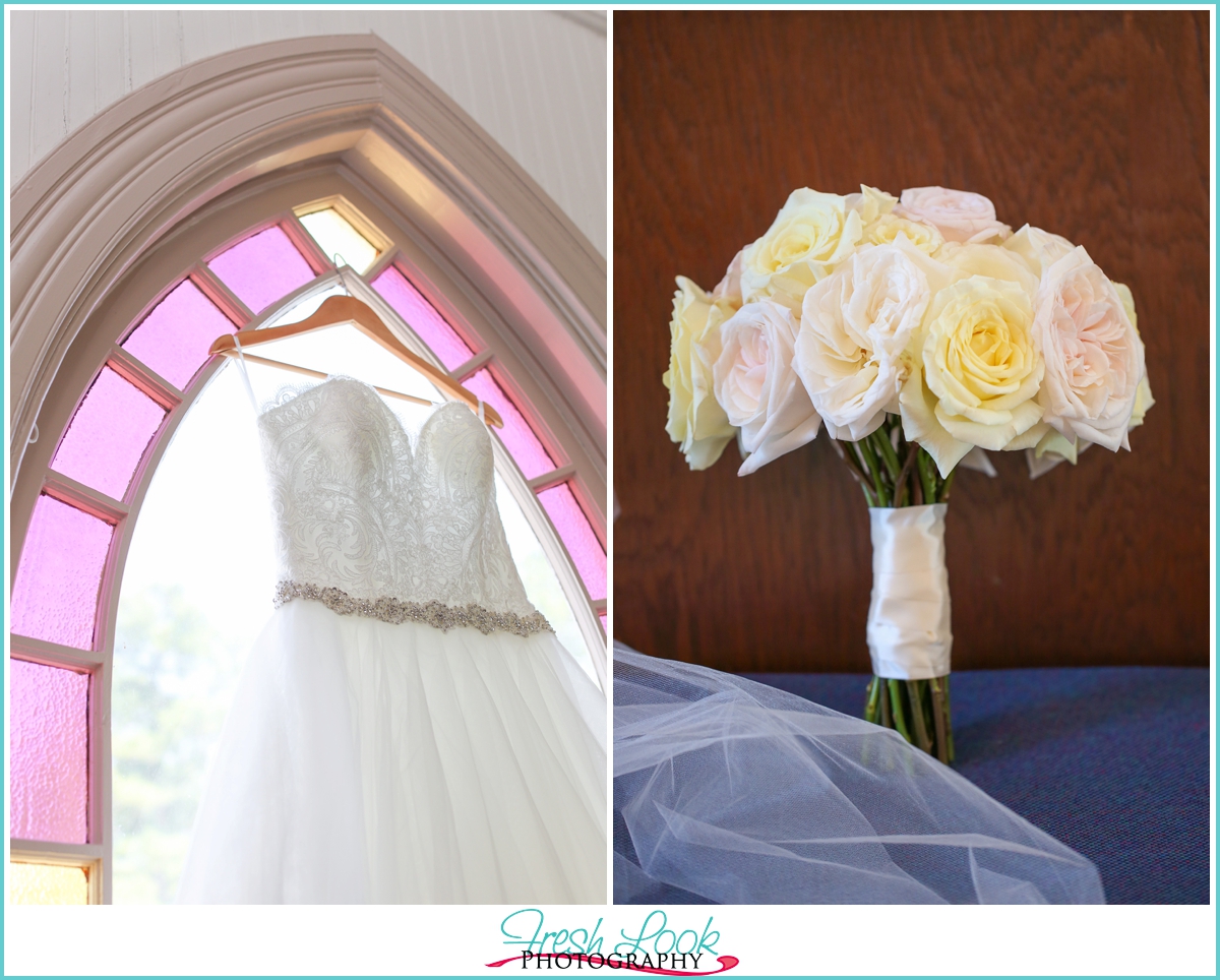 rustic wedding dress and bouquet