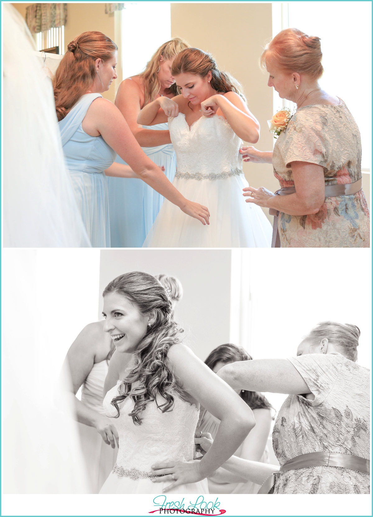 bride putting on wedding dress