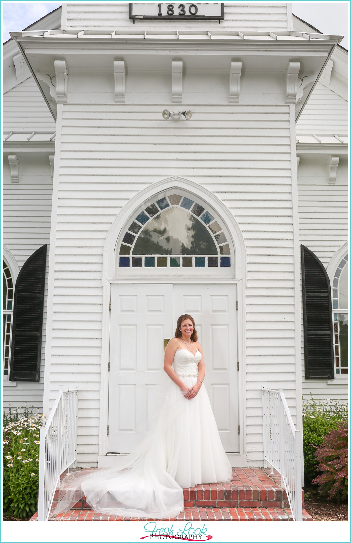 outdoor church bridal pictures