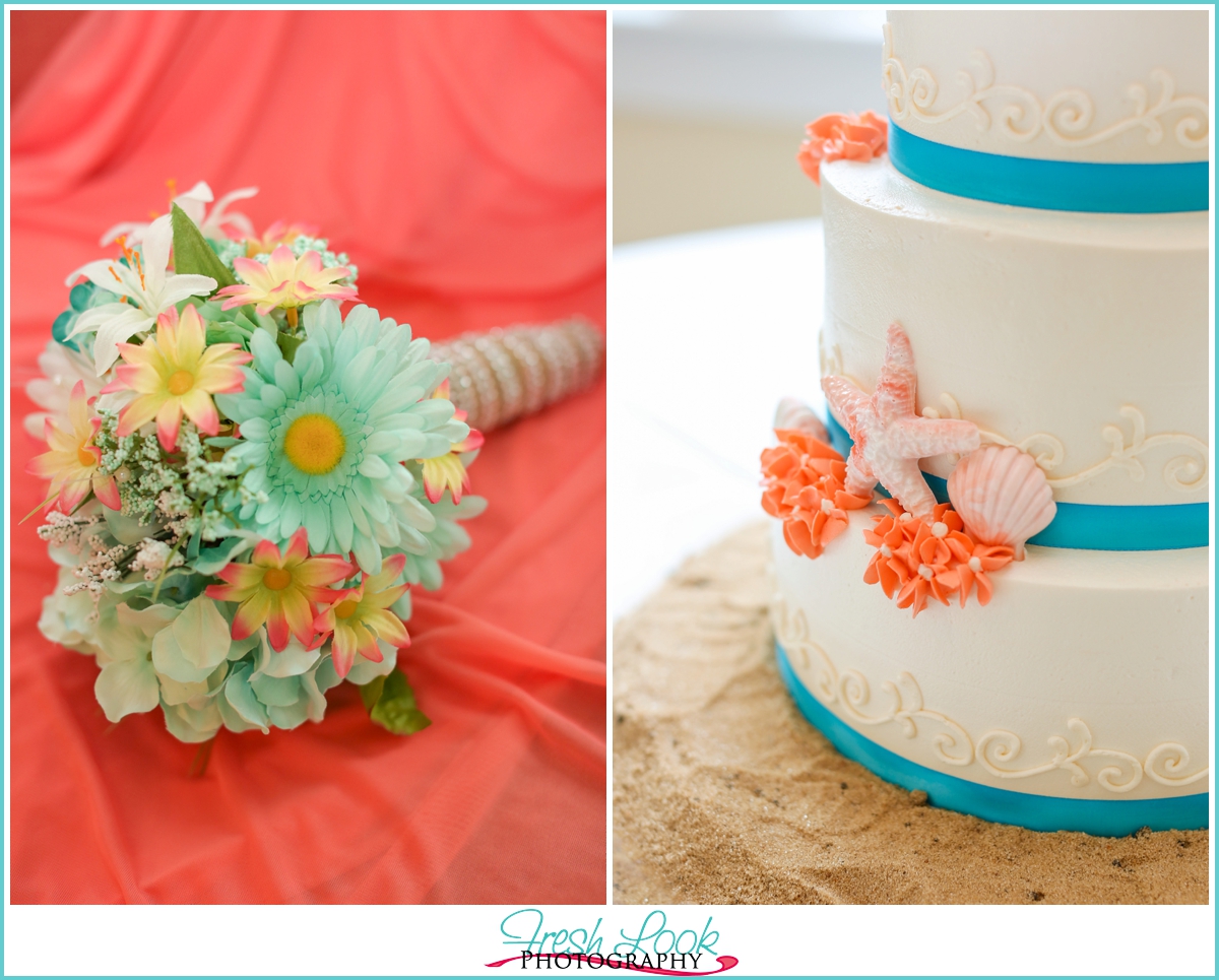 coral and teal wedding cake