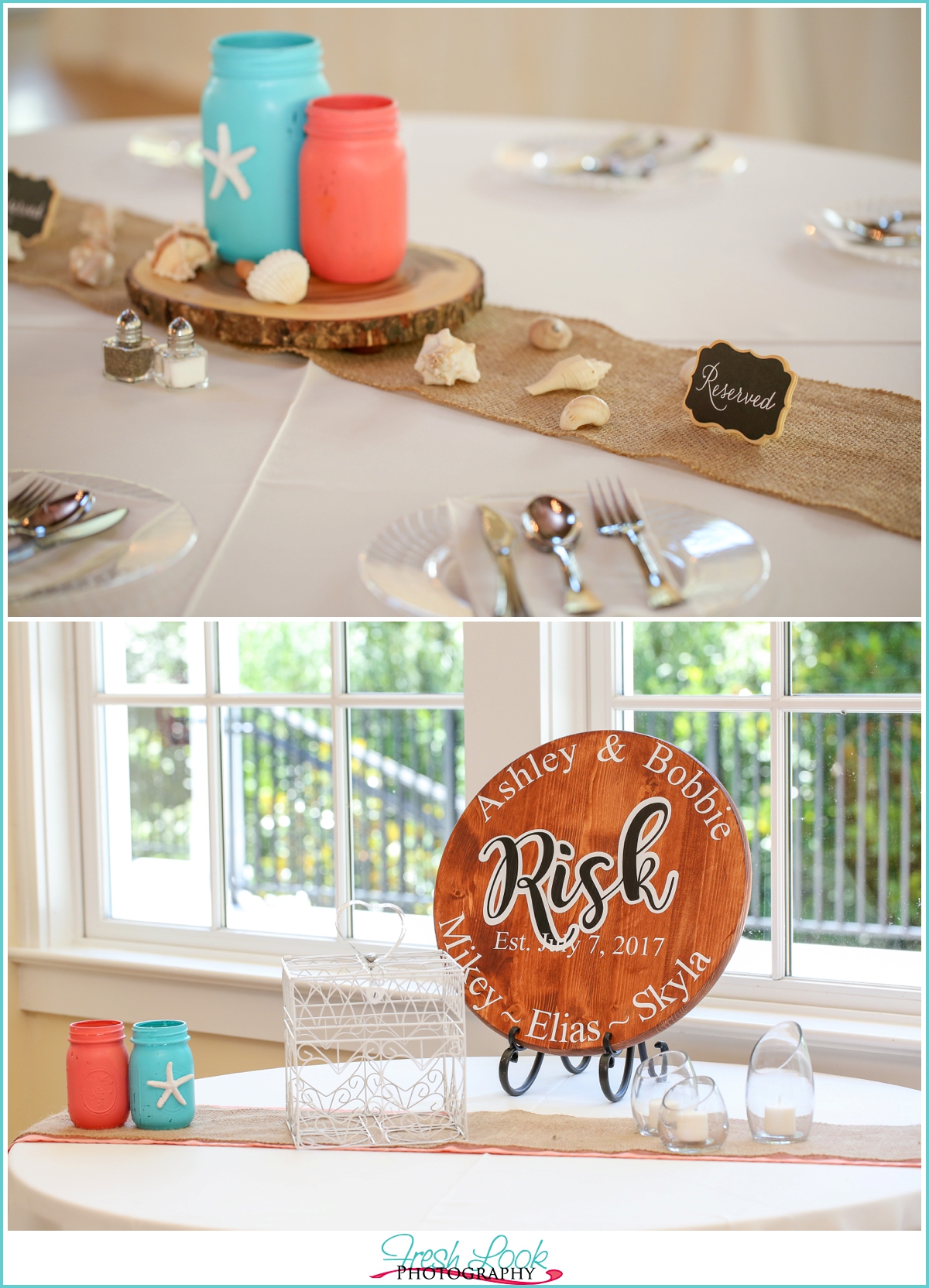 teal and coral wedding reception decor