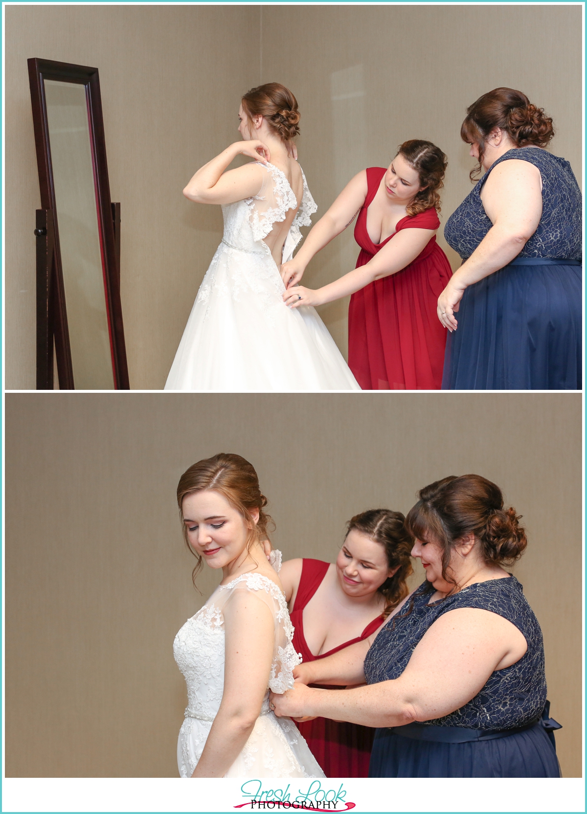 bride getting into wedding dress