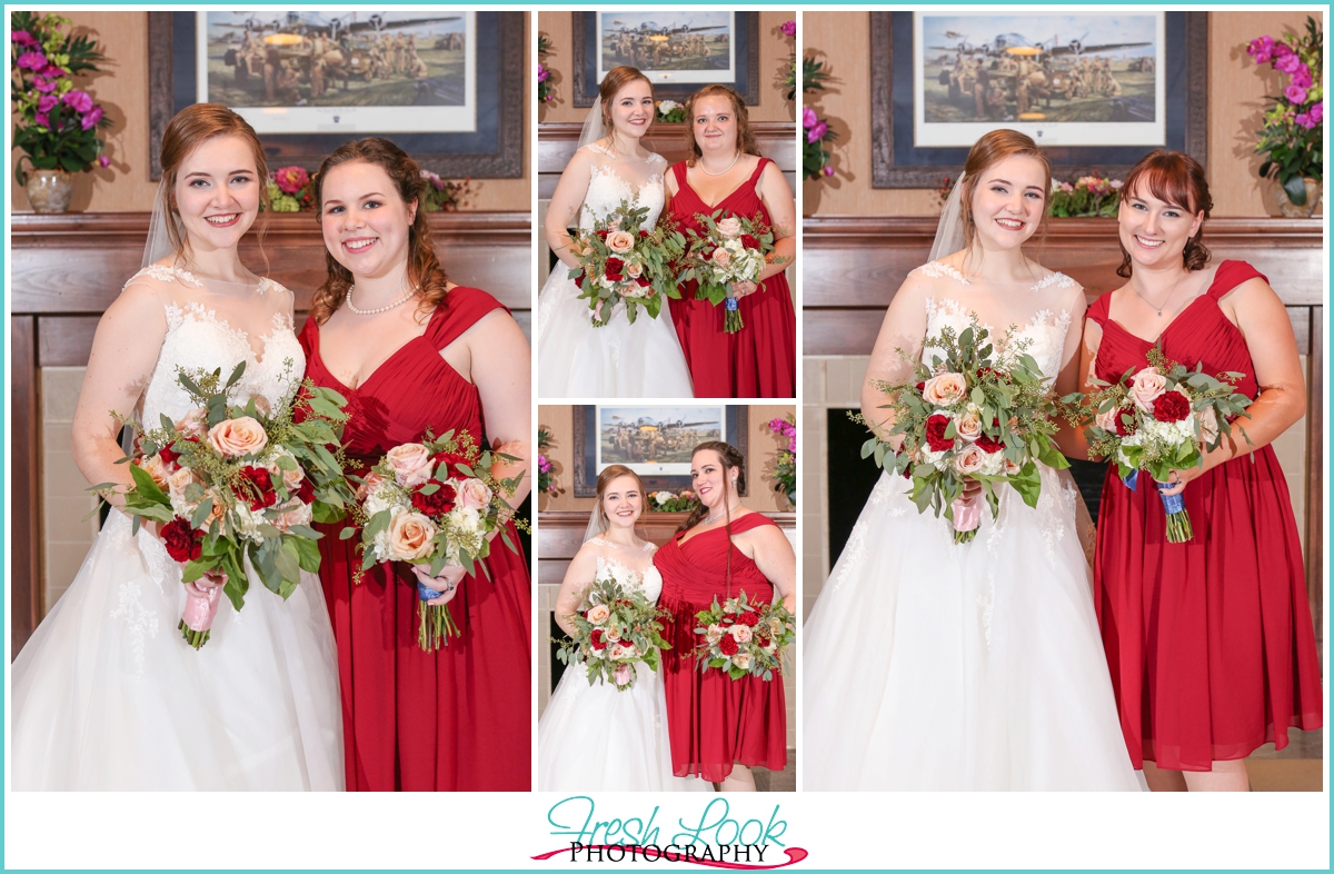 bridesmaids in red dresses