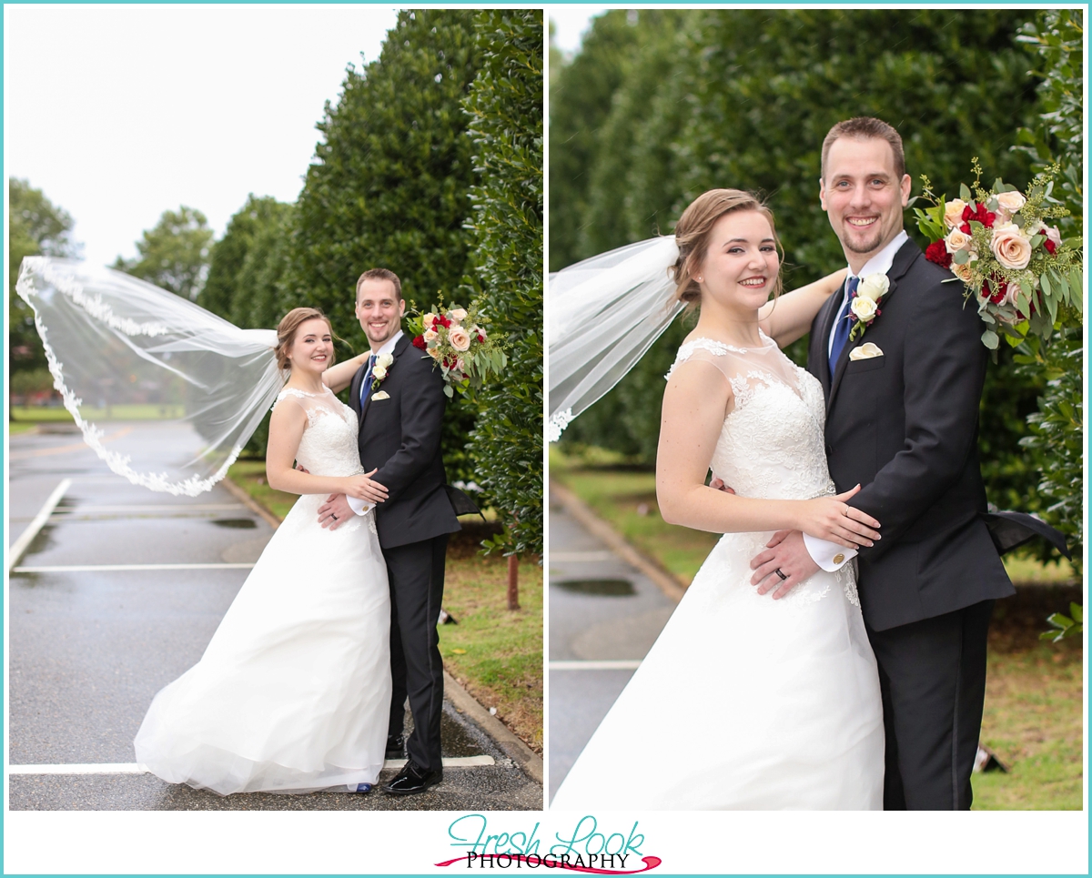 bride and groom in the rain