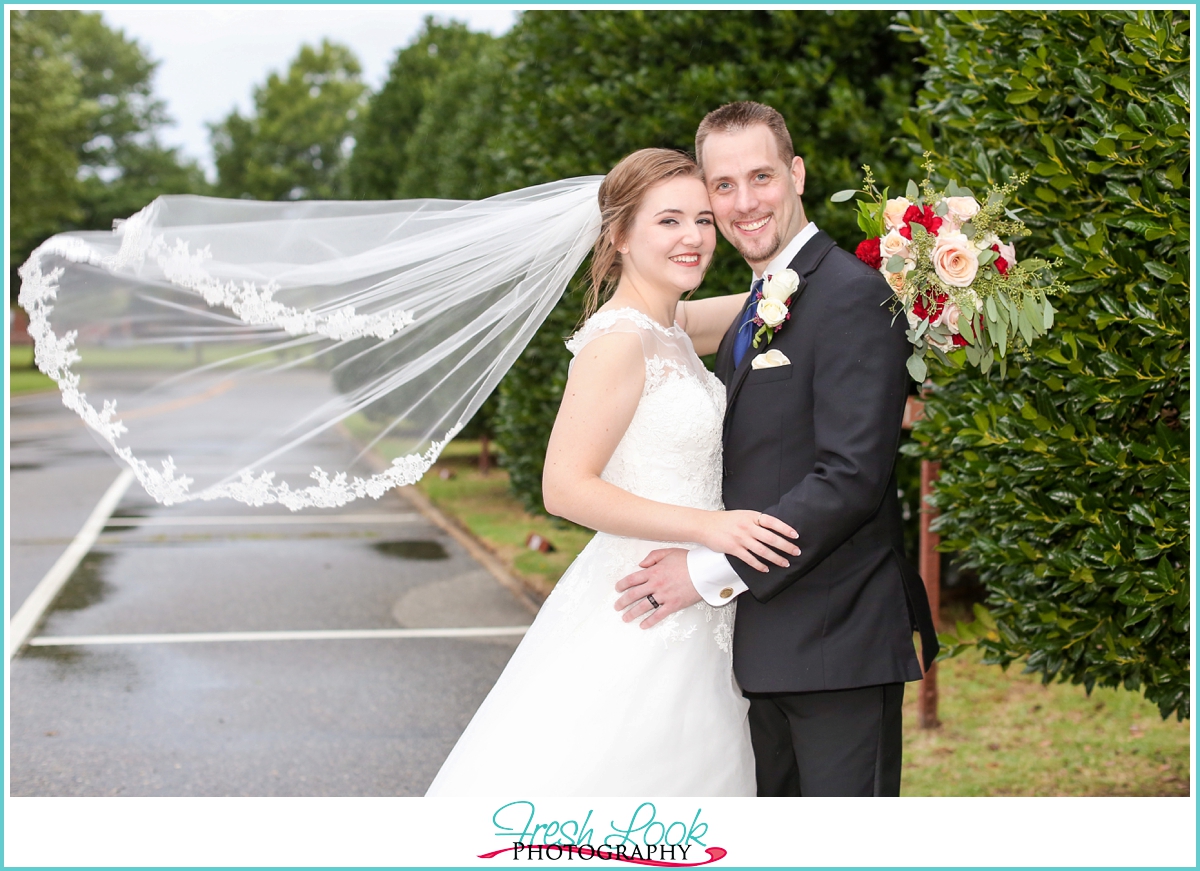 brides veil blowing in the wind