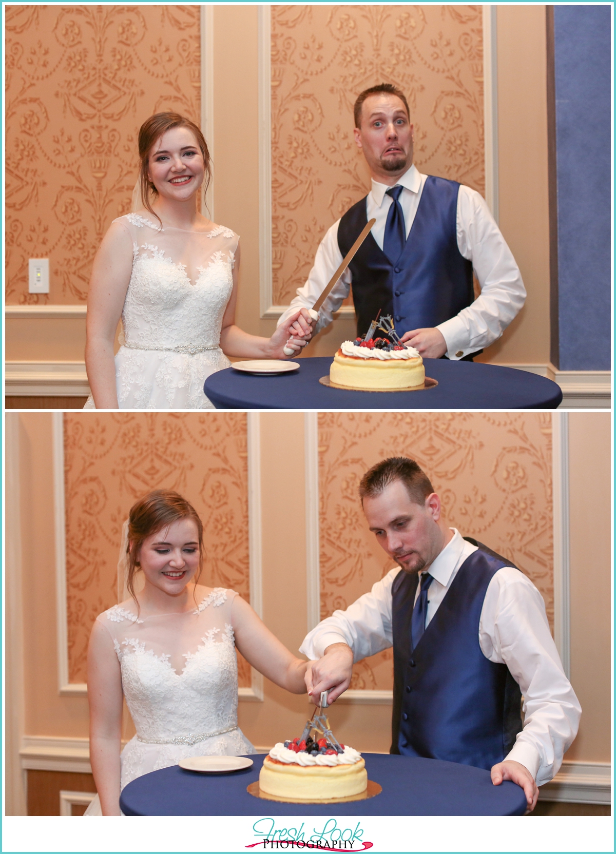 bride and groom cutting cake