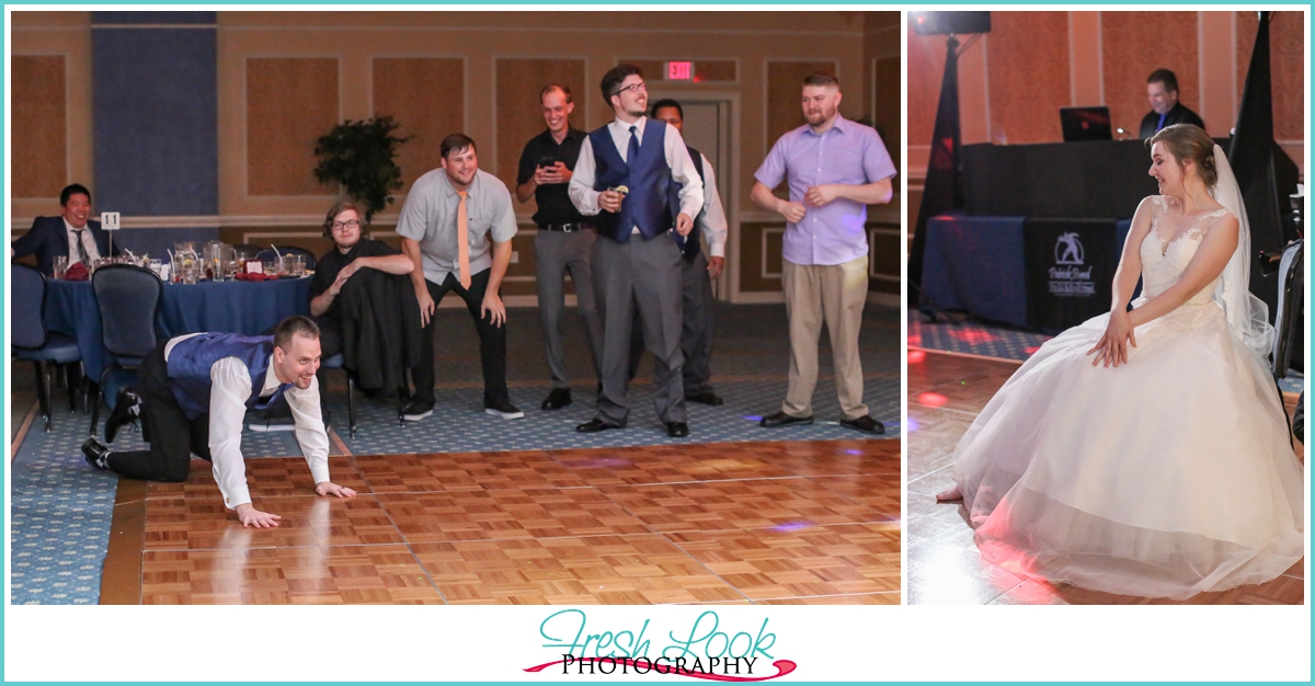 groom crawling to his bride