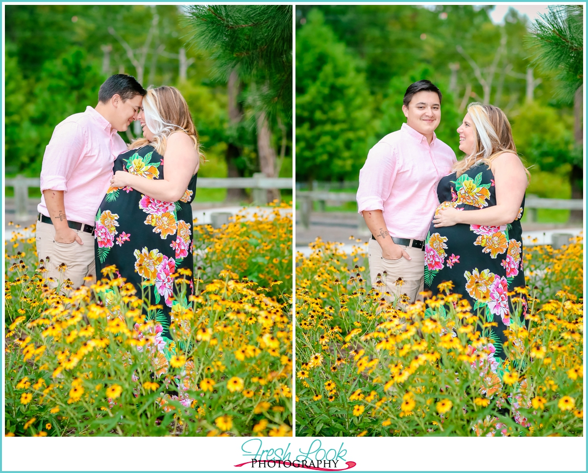 field of wildflowers engagement shoot