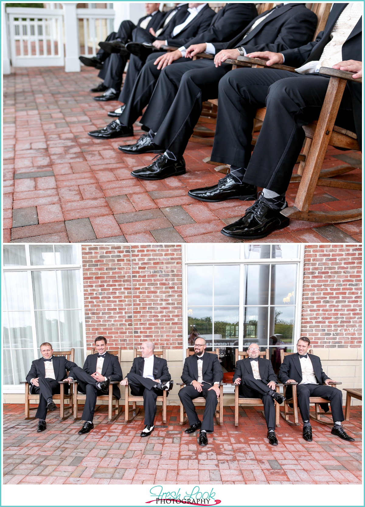 groomsmen relaxing in rocking chairs