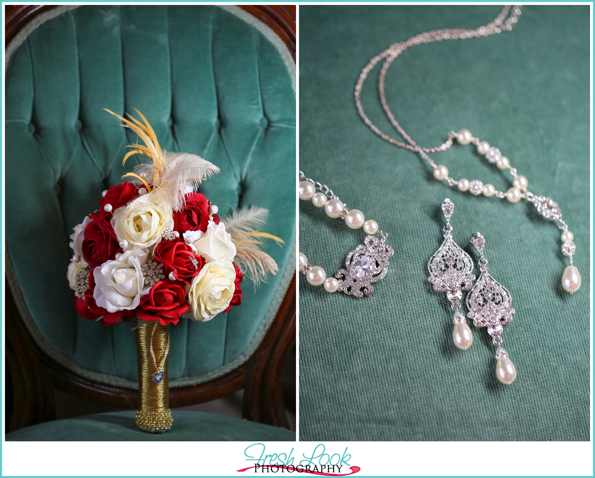 elegant wedding bouquet and jewelry