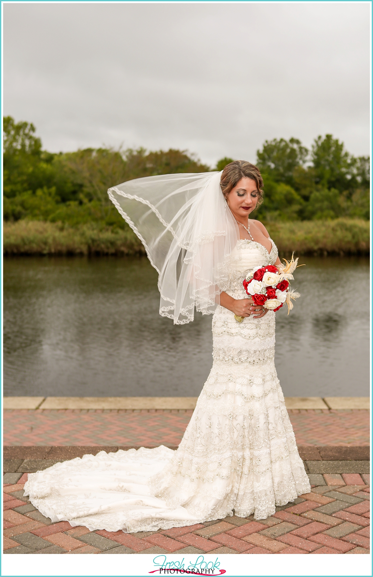 brides veil blowing in the wind