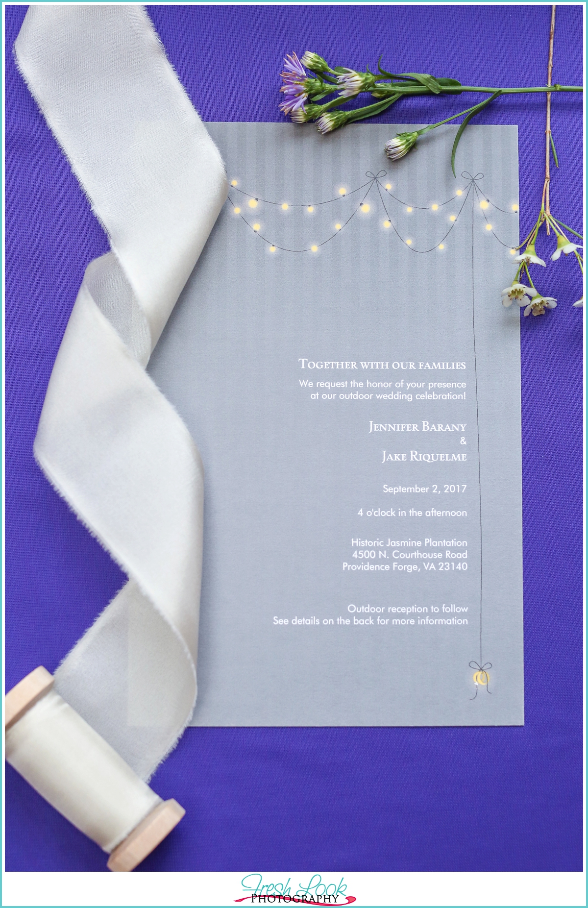 Purple and gray wedding invitation