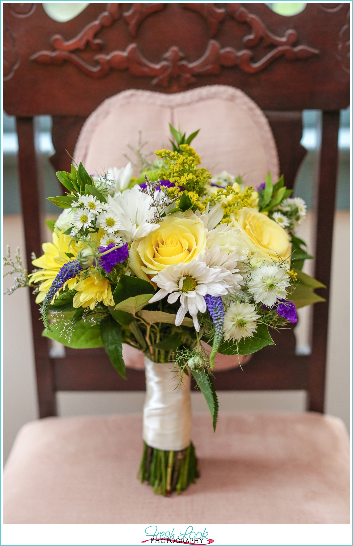 yellow and purple wedding bouquet