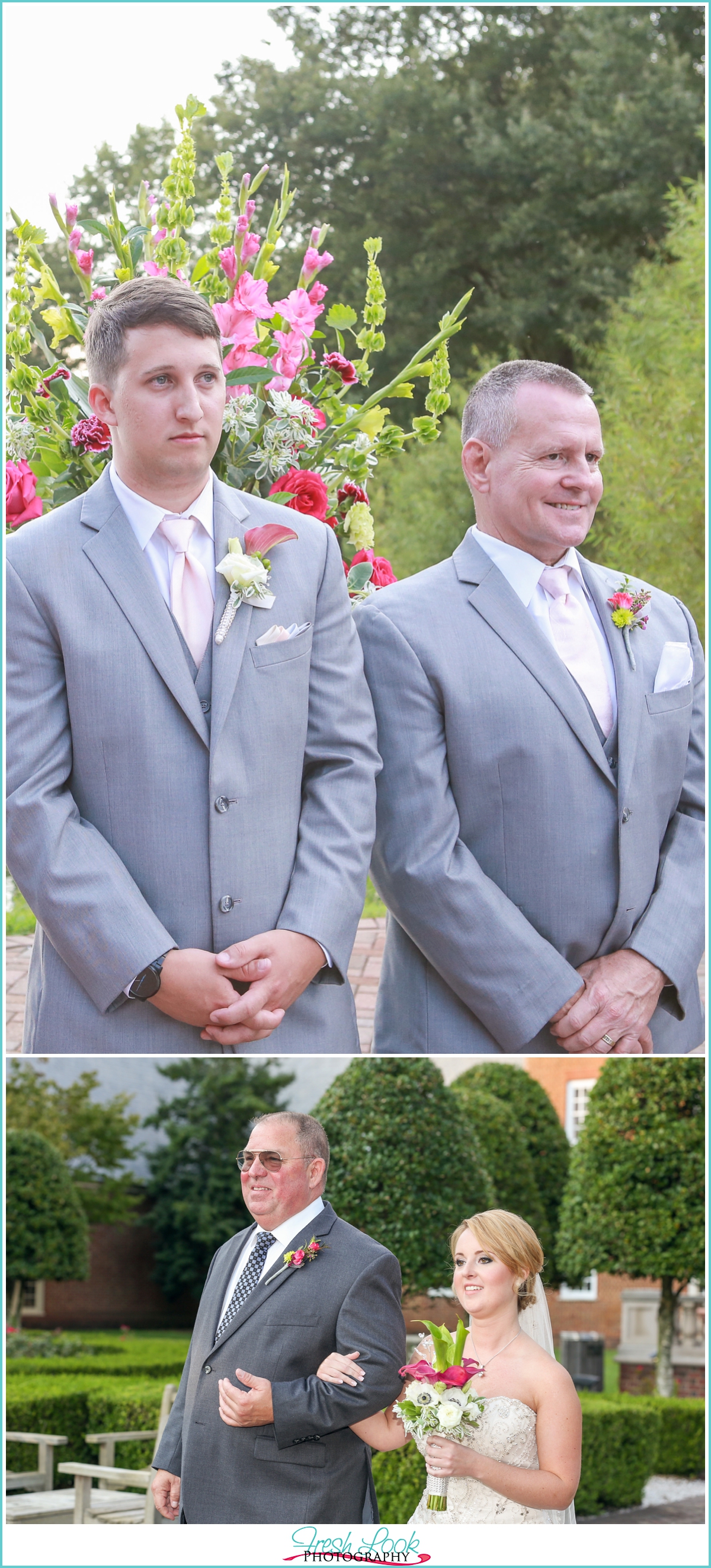 Groom watching bride walk down the aisle