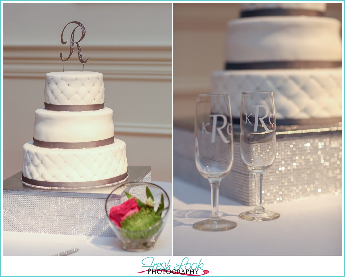 wedding cake and champagne glasses