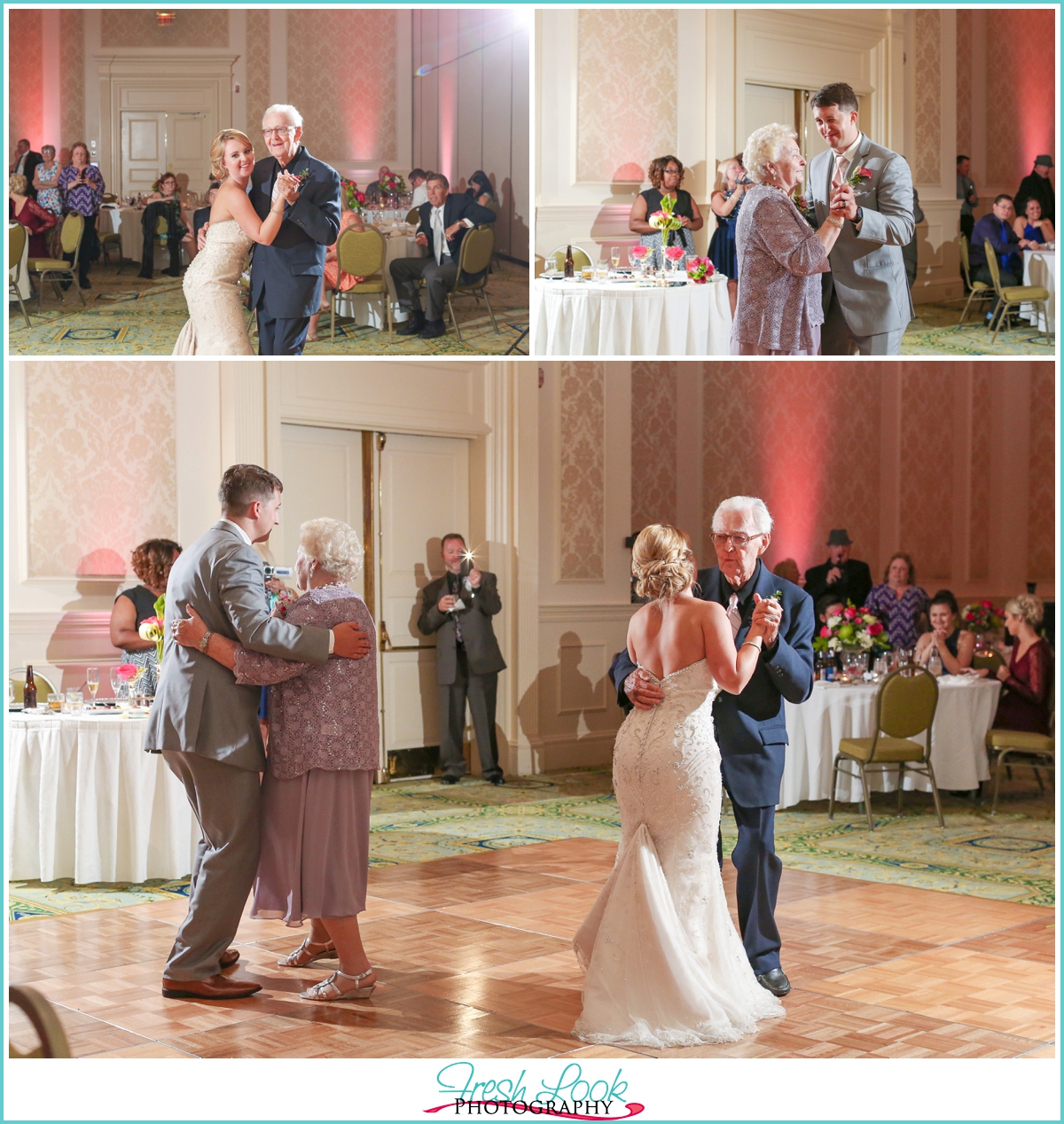 bride and groom and grandparents dance