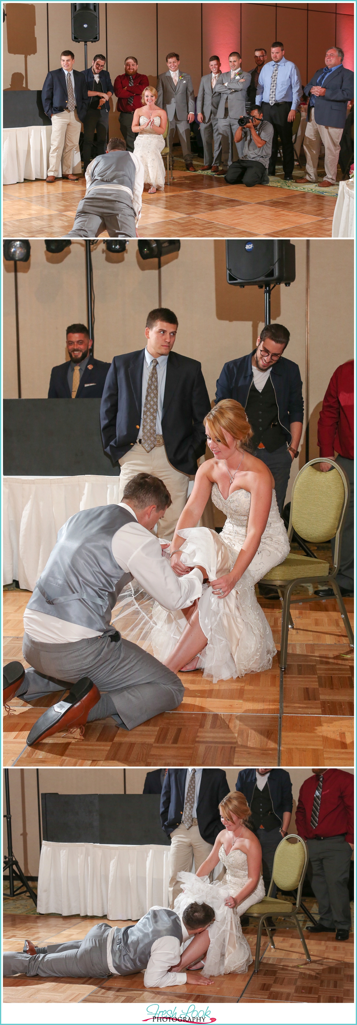 groom removing garter from bride