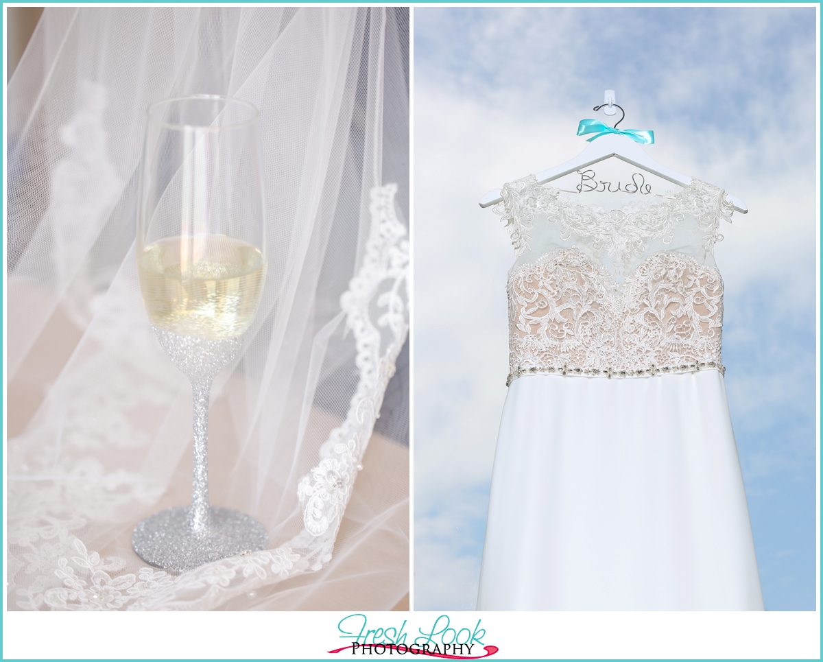 lace wedding dress and champagne