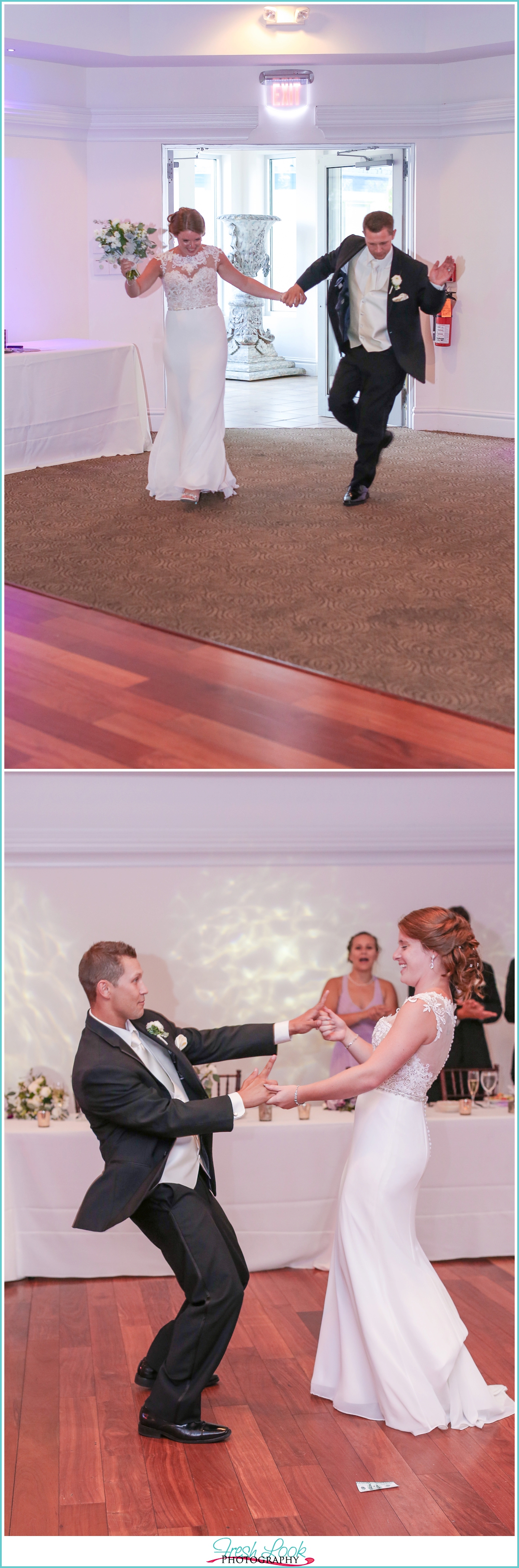 bride and groom walking into the reception