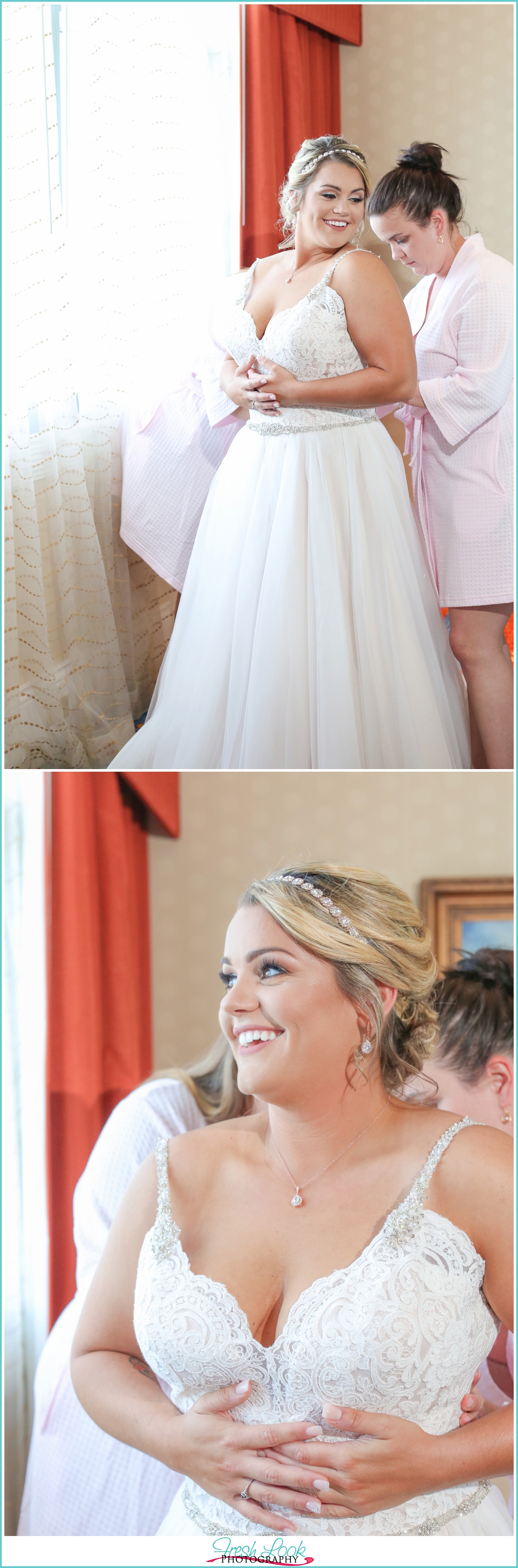 bride putting on her wedding gown