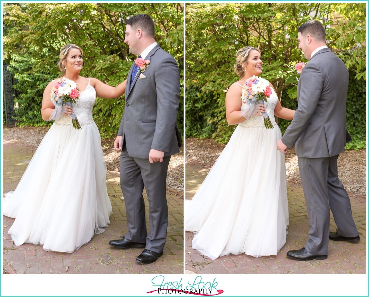 wedding day first look with bride and groom