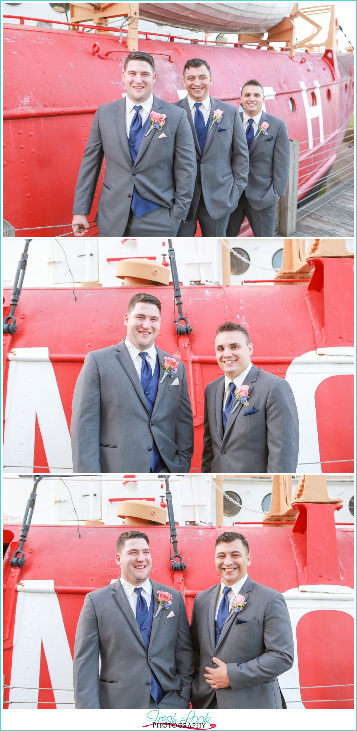 groomsmen posing with a boat