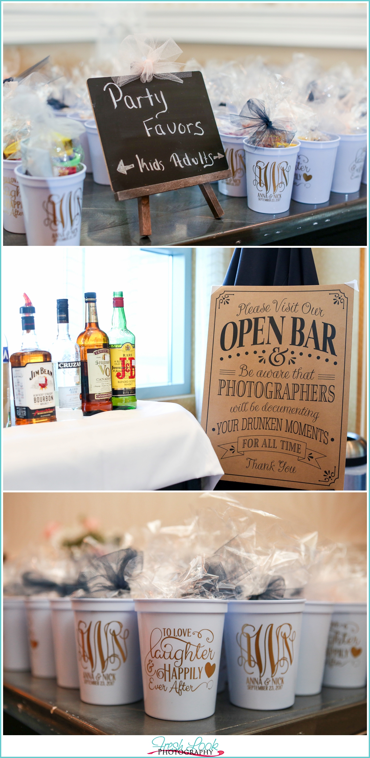 reception details open bar sign and cup favors