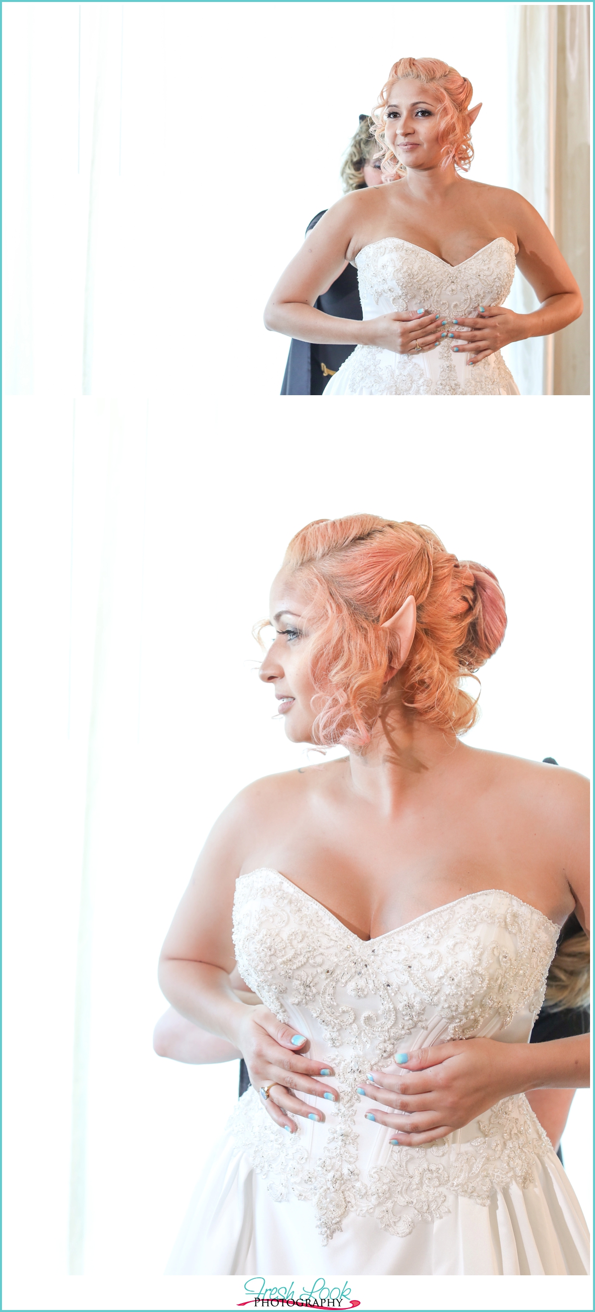 bride putting on her wedding dress